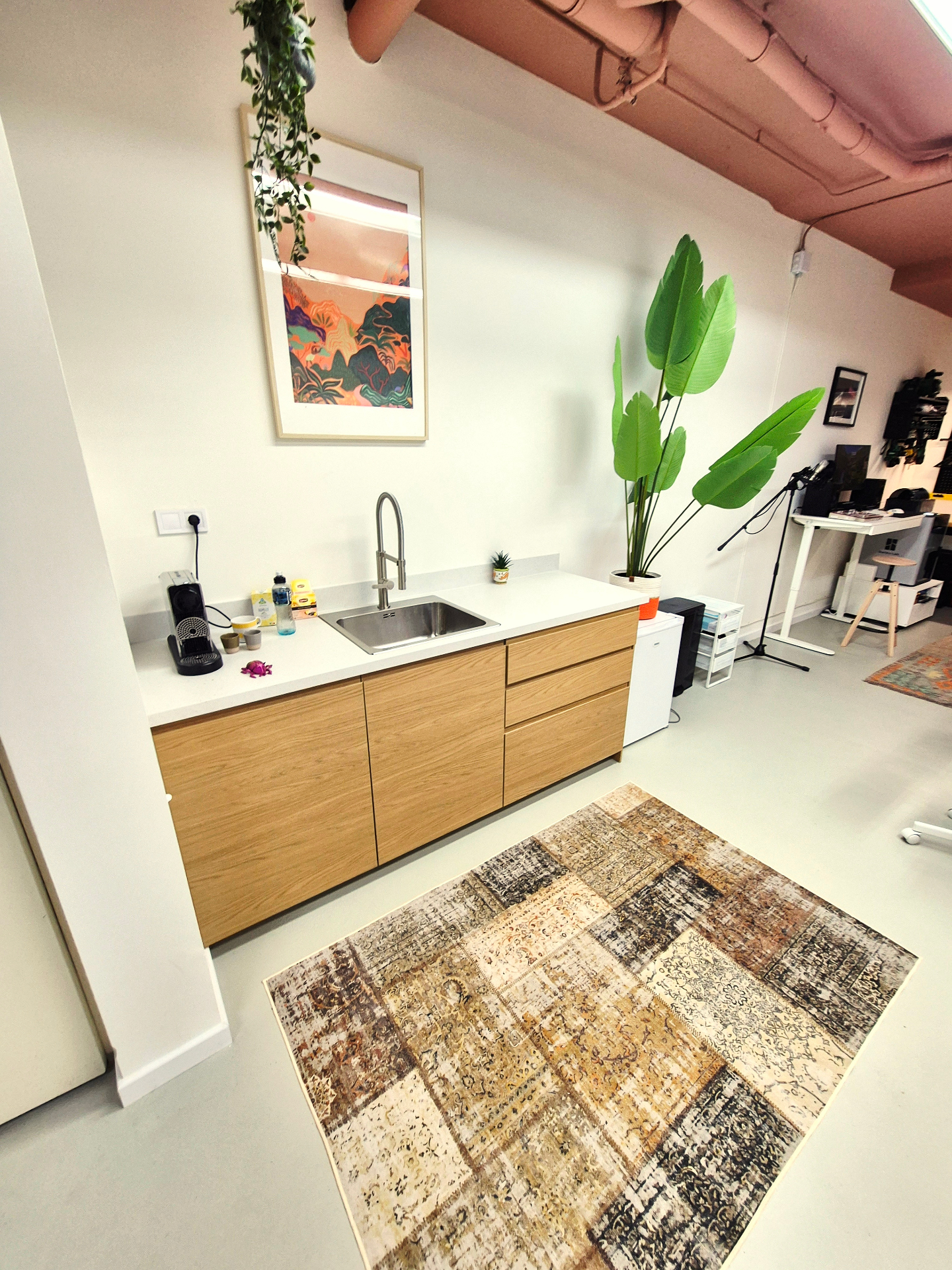 Keukenhoek met planten en vintage vloerkleed